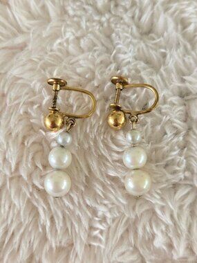 Elegant Gold and Three-Pearl Drop Earrings